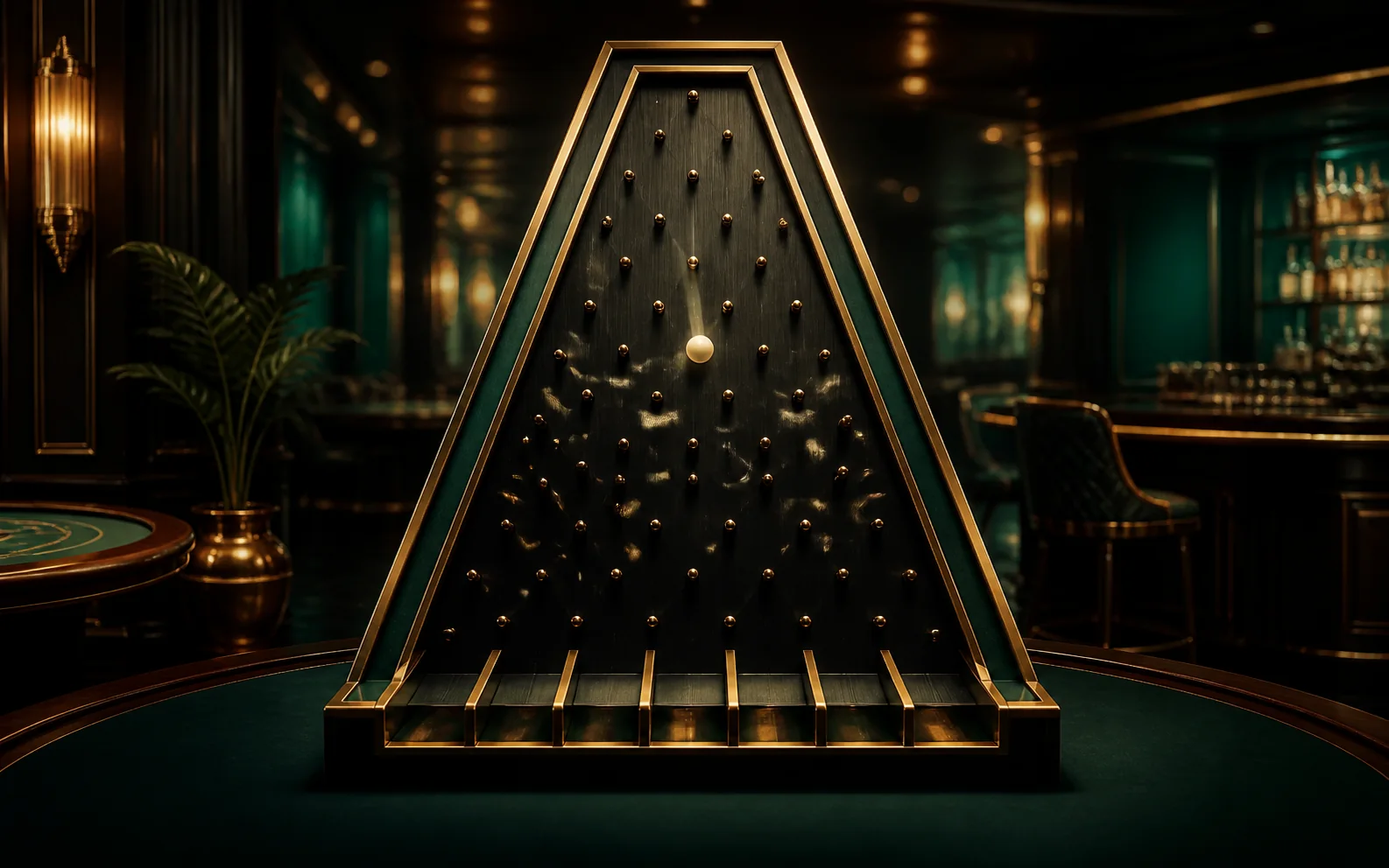 Tablero Plinko profesional en un casino de tonos verde esmeralda y dorado